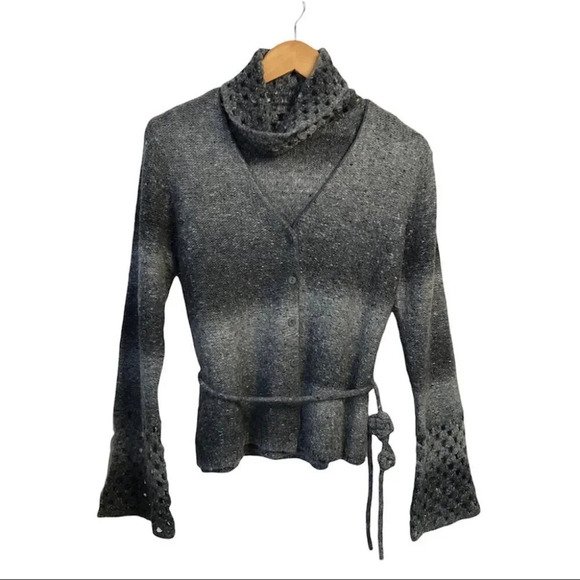 Y2K Shu Shu Wool Blend  Belted Marled Granny Knit Cardigan & Turtleneck Set - Picture 1 of 9